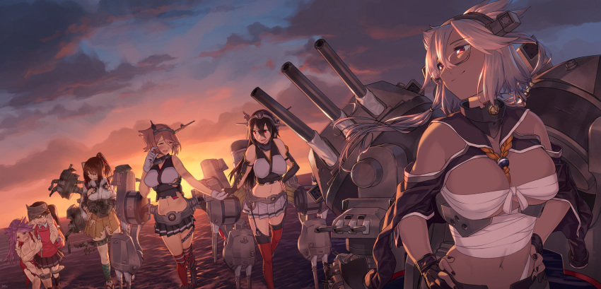 blew_andwhite breast_hold breasts cleavage glasses highres ise_(kantai_collection) junyou_(kantai_collection) kantai_collection musashi_(kantai_collection) mutsu_(kantai_collection) nagato_(kantai_collection) no_bra ryuujou_(kantai_collection) sarashi thigh-highs torn_clothes under_boob