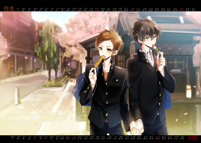 2boys bag black_hair brown_eyes brown_hair calendar dango eating food fukube_satoshi gakuran green_eyes holding_hands hyouka ibuki_hasu mitarashi_dango multiple_boys oreki_houtarou road sanshoku_dango scenery school_uniform short_hair street wagashi yaoi