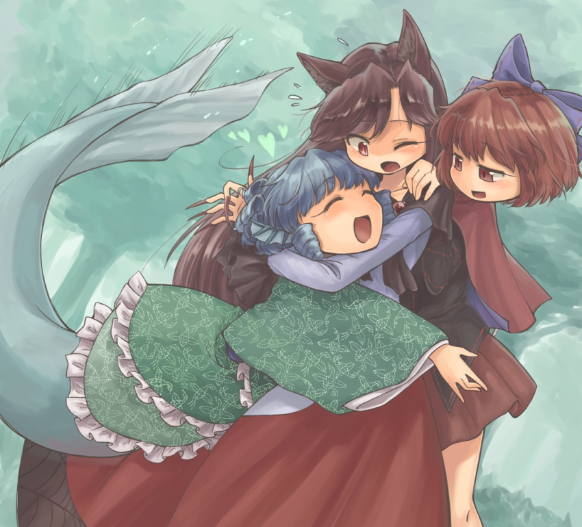 3girls animal_ears arm_around_neck blouse blue_background blue_hair bow brown_hair claws closed_eyes disembodied_head drill_hair flying_sweatdrops hair_bow hand_on_another's_shoulder head_fins heart hug imaizumi_kagerou japanese_clothes kimono layered_clothing layered_dress layered_kimono long_hair mermaid monster_girl motion_lines multiple_girls one_eye_closed open_mouth pleated_skirt red_eyes redhead sekibanki short_hair skirt slit_pupils touhou twin_drills usou_(aomidori) wakasagihime wolf_ears