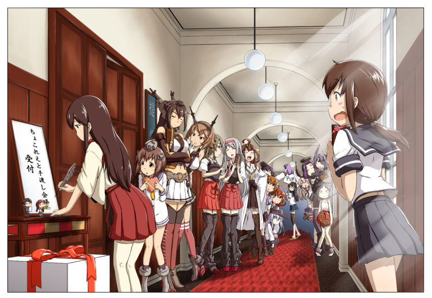 &gt;_&lt; 6+girls ahoge akagi_(kantai_collection) akatsuki_(kantai_collection) armor bare_shoulders black_hair black_legwear blonde_hair blue_eyes boots box brown_eyes brown_hair brown_skirt character_request chibi chocolate chocolate_heart closed_mouth commentary_request crop_top diving_mask diving_mask_on_head elbow_gloves feathers folded_ponytail fubuki_(kantai_collection) garter_belt gift gift_box glasses gloves green_eyes grey_eyes hairband hand_on_own_face hat headband heart hibiki_(kantai_collection) highleg highleg_panties ikazuchi_(kantai_collection) inazuma_(kantai_collection) japanese_clothes kantai_collection kneeling kongou_(kantai_collection) long_hair long_sleeves maru-yu_(kantai_collection) midriff miko miniskirt moroyan multicolored_legwear multiple_girls muneate mutsu_(kantai_collection) nagato_(kantai_collection) neckerchief nontraditional_miko ooyodo_(kantai_collection) open_mouth panties pen pleated_skirt ponytail purple_hair red_skirt sailor_dress scarf school_swimsuit school_uniform serafuku shimakaze_(kantai_collection) short_hair short_sleeves shoukaku_(kantai_collection) sign skirt smile striped striped_legwear swimsuit table tatsuta_(kantai_collection) tenryuu_(kantai_collection) thigh-highs thigh_boots translation_request turret underwear valentine white_legwear white_school_swimsuit white_skirt white_swimsuit wrist_cuffs yellow_scarf yukikaze_(kantai_collection) zettai_ryouiki zuikaku_(kantai_collection)