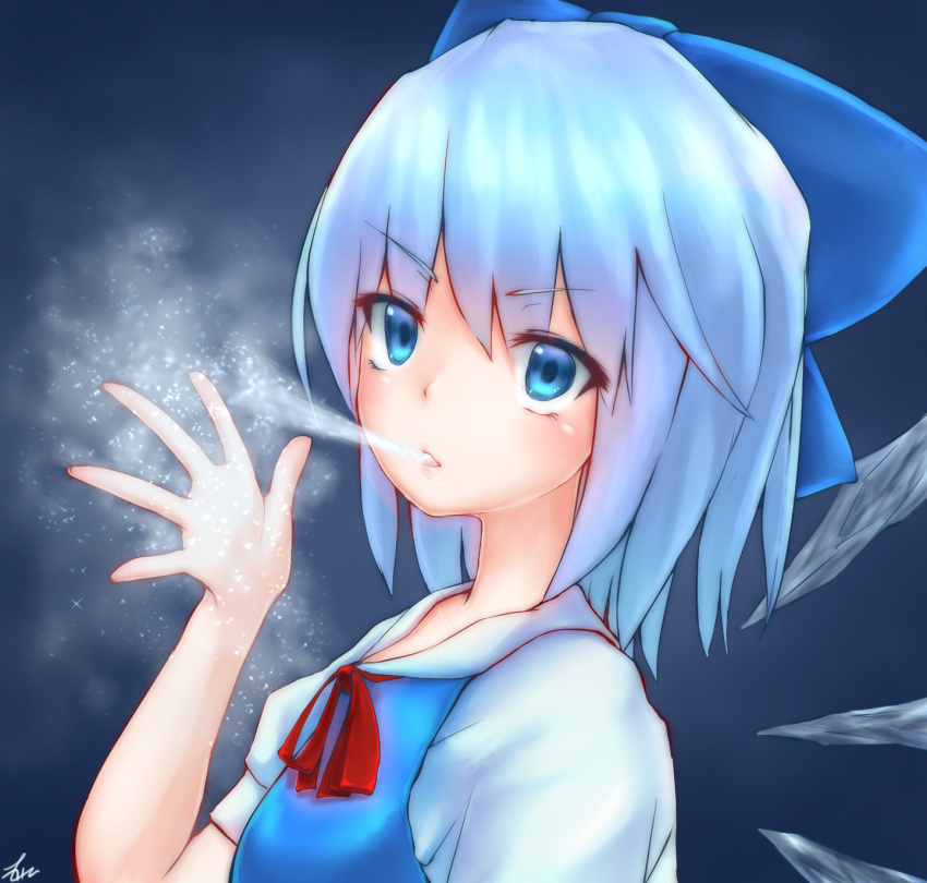 1girl blue_background blue_eyes blue_hair breath bust cirno frost highres kisamu_(ksmz) looking_at_viewer open_hand ribbon short_hair signature solo touhou wings