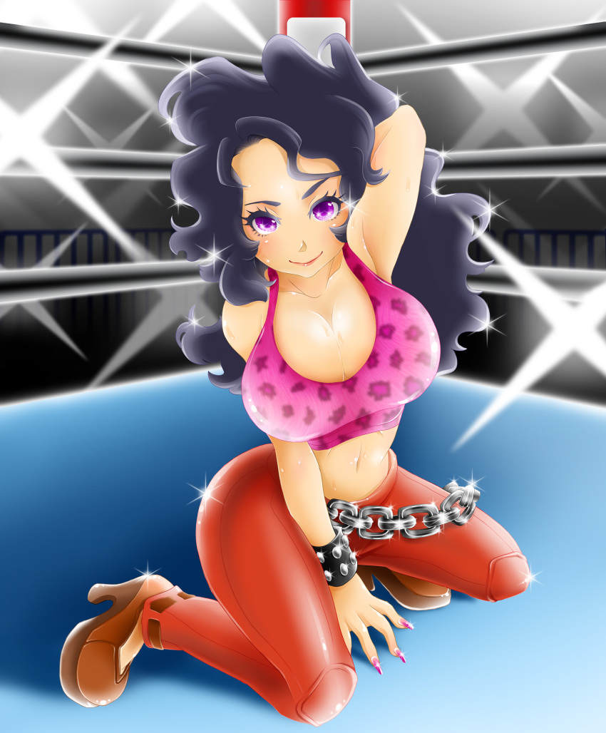 1girl arm_up asuka_(kemoear) black_hair breasts camera_flash chain cleavage genderswap high_heels highres hugo_andore large_breasts leopard_print long_hair midnight_bliss midriff nail_polish navel pants pink smile solo street_fighter studded_bracelet violet_eyes wavy_hair wrestling_ring