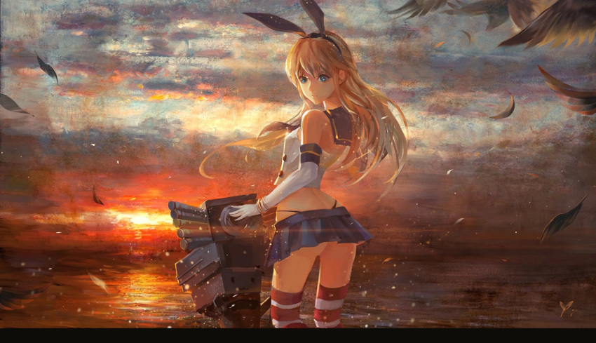 1girl albert_goodwin anchor_hair_ornament blonde_hair blue_eyes clouds cloudy_sky cowboy_shot crop_top elbow_gloves feathers fine_art_parody gloves highleg highleg_panties highres itsu_no kantai_collection long_hair looking_at_viewer looking_back microskirt midriff ocean outdoors panties parody pleated_skirt rensouhou-chan sailor_collar shimakaze_(kantai_collection) skirt sky sleeveless sleeveless_shirt small_breasts solo striped striped_legwear sunset thigh-highs thong underwear white_gloves