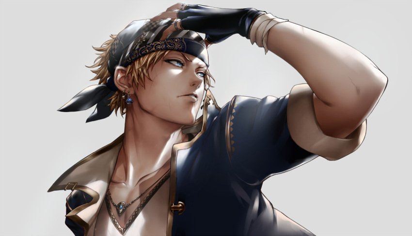 1boy bandages bandana blue_eyes brown_hair earrings final_fantasy final_fantasy_vi fingerless_gloves frown gloves hand_on_forehead hand_on_head jacket jewelry lock_cole male_focus necklace open_mouth orushibu ring scar solo v-neck