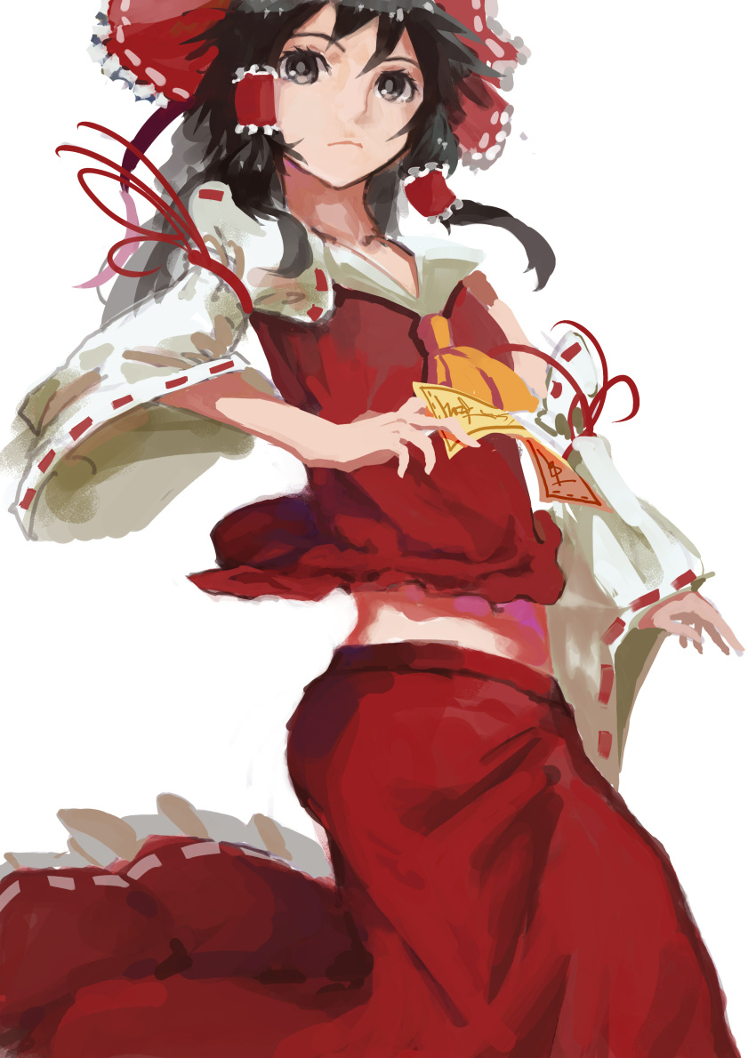 1girl absurdres arm_ribbon ascot ass between_fingers black_eyes black_hair bow collarbone detached_sleeves expressionless flat_chest frilled_bow from_side hair_bow hakurei_reimu highres koog long_skirt midriff navel red_skirt ribbon-trimmed_bow ribbon-trimmed_headwear ribbon-trimmed_skirt ribbon-trimmed_sleeves ribbon_trim simple_background sketch skirt sleeveless solo talisman thighs touhou white_background
