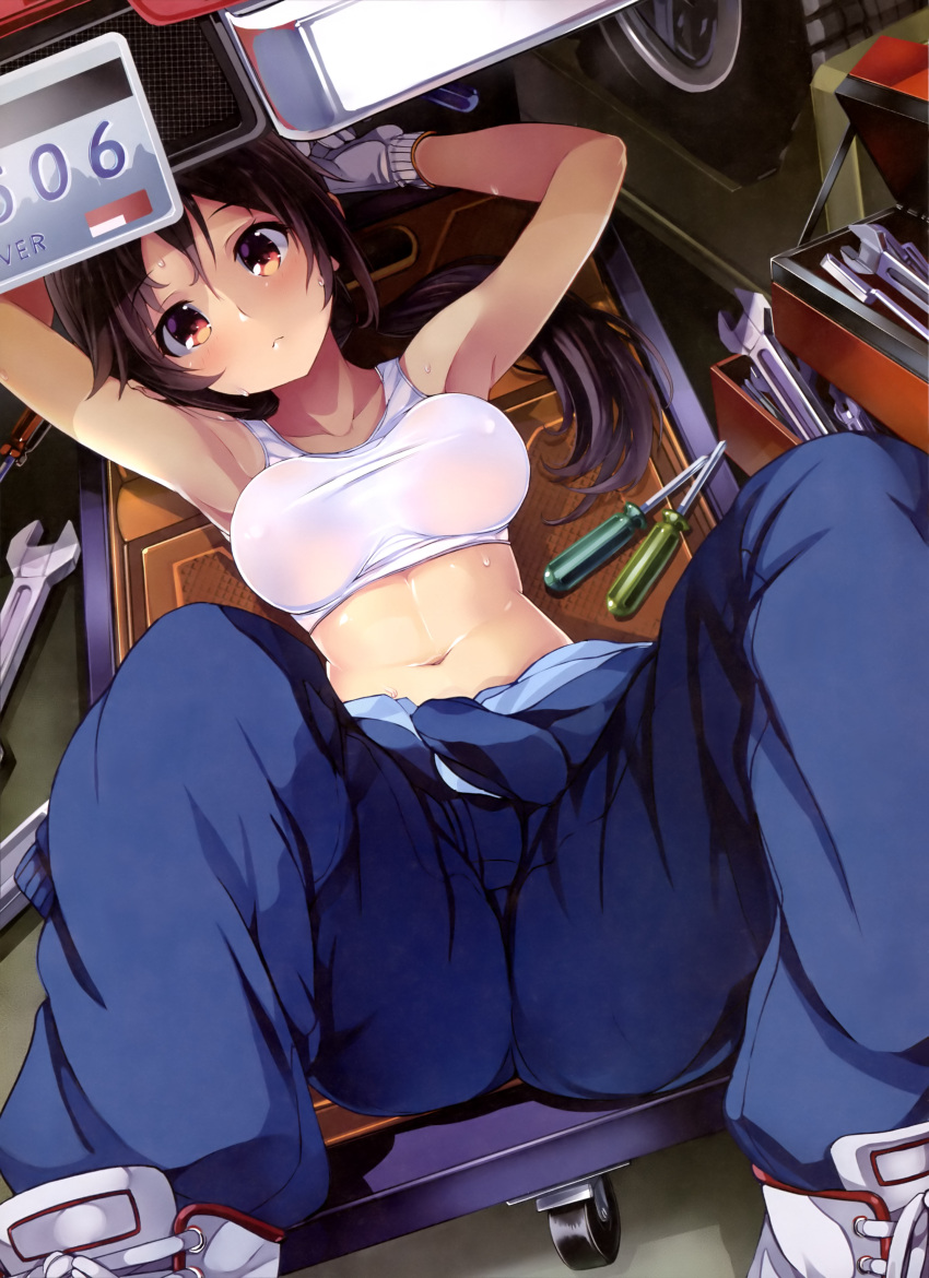 1girl absurdres adjustable_wrench breasts brown_eyes brown_hair gloves highres impossible_clothes long_hair mechanic mirai_denki overalls pants screwdriver sweat tagme tank_top taut_clothes taut_shirt tied_shirt vehicle white_gloves working wrench