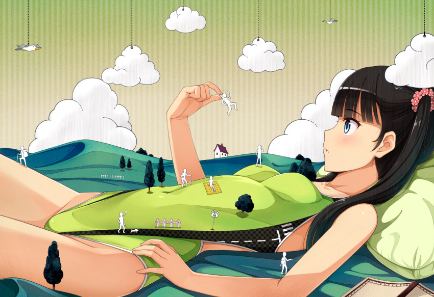1girl bird black_hair blue_eyes book clouds competition_swimsuit covered_navel fence flower giantess hair_flower hair_ornament highleg highleg_swimsuit hill house long_hair lying on_back one-piece_swimsuit open_mouth original pillow props revision rubber_band scenery skin_tight swimsuit tree twintails yokaze_japan