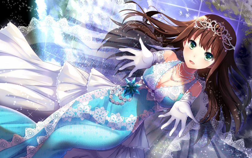 1girl bare_shoulders bisonbison breasts brown_hair cleavage dress elbow_gloves gloves green_eyes idolmaster idolmaster_cinderella_girls jewelry long_hair necklace open_mouth shibuya_rin smile solo