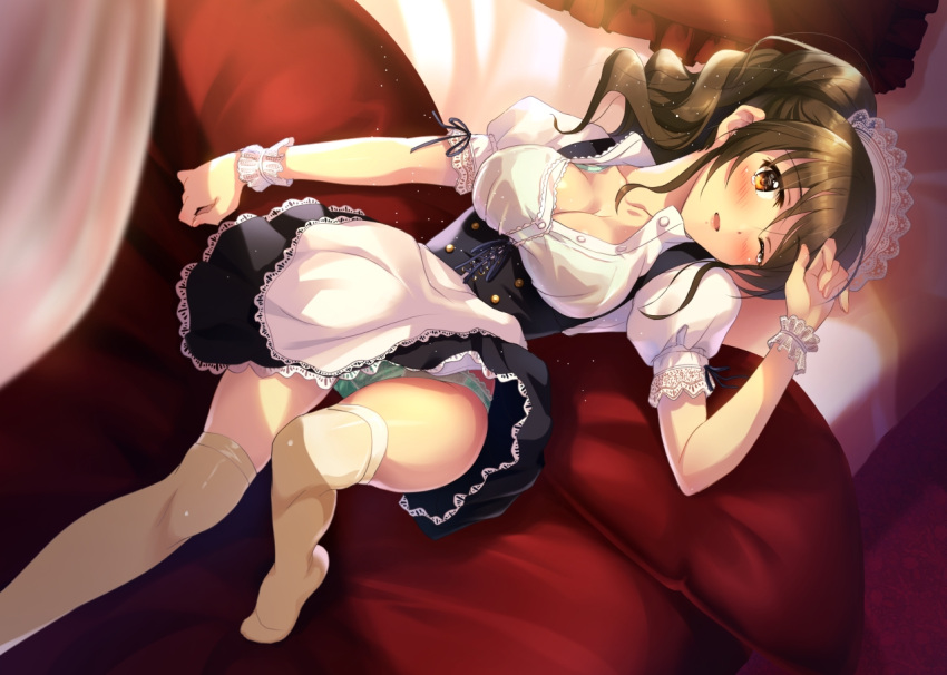 1girl apron blush breasts brown_eyes brown_hair cleavage doubleforty long_hair looking_at_viewer maid original panties parted_lips puffy_sleeves short_sleeves solo tears thigh-highs twintails unbuttoned underwear white_legwear wrist_cuffs