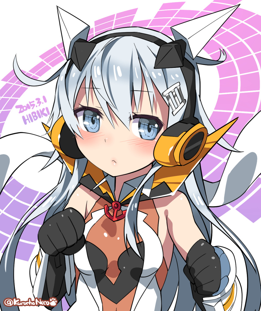 1girl :&lt; anchor_symbol armor artist_request bangs bare_shoulders black_gloves blue_eyes blush bust character_name checkered clenched_hands dated elbow_gloves fighting_stance flipped_hair frown gloves gradient headphones hibiki_(kantai_collection) high_collar highres kantai_collection long_hair looking_at_viewer namesake paw_print payot senki_zesshou_symphogear silver_hair small_breasts tachibana_hibiki_(symphogear) tachibana_hibiki_(symphogear)_(cosplay) twitter_username unitard very_long_hair