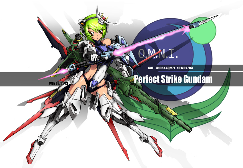 1girl armor artist_name bare_shoulders beam_rifle brown_eyes character_name dated deviantart emblem energy_gun energy_sword full_body gatling_gun green_hair gun gundam gundam_seed halterneck headphones highres leg_armor leotard looking_at_viewer mecha_musume open_mouth perfect_strike_gundam personification shadow shiny shiny_hair shiny_skin short_hair side_cutout simple_background solo sword thigh-highs weapon white_background