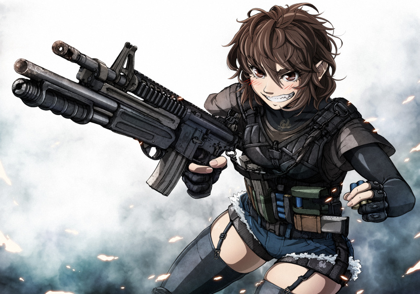 1girl assault_rifle black_gloves black_legwear brown_eyes brown_hair commentary_request fingerless_gloves garter_straps gloves grin gun highres imizu_(nitro_unknown) military_jacket no_hat original pointy_ears revision rifle short_shorts shorts smile solo thigh-highs weapon