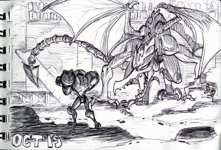 1girl alex_ahad arm_cannon dated faceoff metroid ridley samus_aran scan scan_artifacts size_difference sketch tail traditional_media varia_suit weapon wings