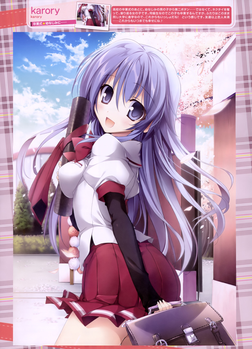 1girl :d absurdres arm_warmers bag breasts cherry_blossoms cherry_trees diploma highres karory lavender_eyes lavender_hair open_mouth school_briefcase school_uniform short_sleeves skirt smile