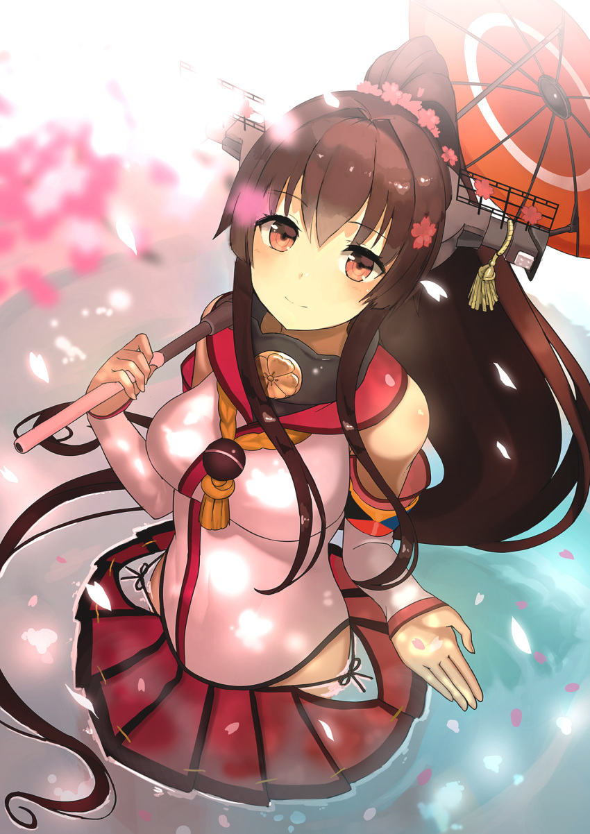1girl brown_eyes brown_hair ccaw cherry_blossoms flower hair_flower hair_ornament highres kantai_collection long_hair oriental_umbrella ponytail skirt smile solo umbrella yamato_(kantai_collection)