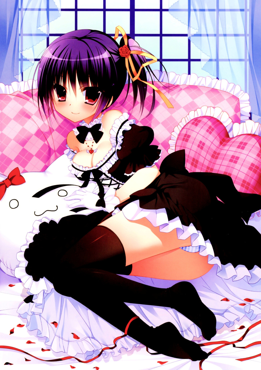 1girl :3 absurdres black_legwear blue_panties breasts cleavage curtains detached_collar dress heart heart_pillow highres jewelry lying nanaka_mai necklace on_side panties petals pillow purple_hair rose_petals short_hair side_ponytail smile striped striped_panties stuffed_animal stuffed_cat stuffed_toy thigh-highs underwear window