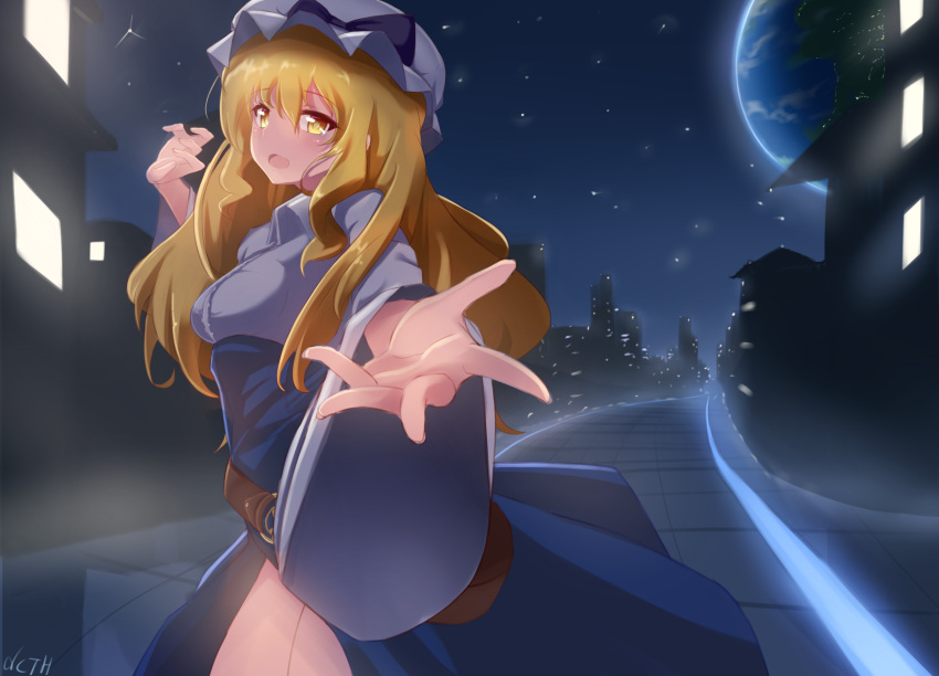 1girl artist_name bangs belt blonde_hair blue_dress bow breasts city city_lights collared_shirt dress earth foreshortening hand_up hat hat_bow highres light long_hair long_sleeves looking_back mob_cap night open_mouth outstretched_arm outstretched_hand pavement pov_hands road septet_(zrca_janne) side_slit solo space star_(sky) street thighs tongue touhou vanishing_point watatsuki_no_toyohime wide_sleeves yellow_eyes