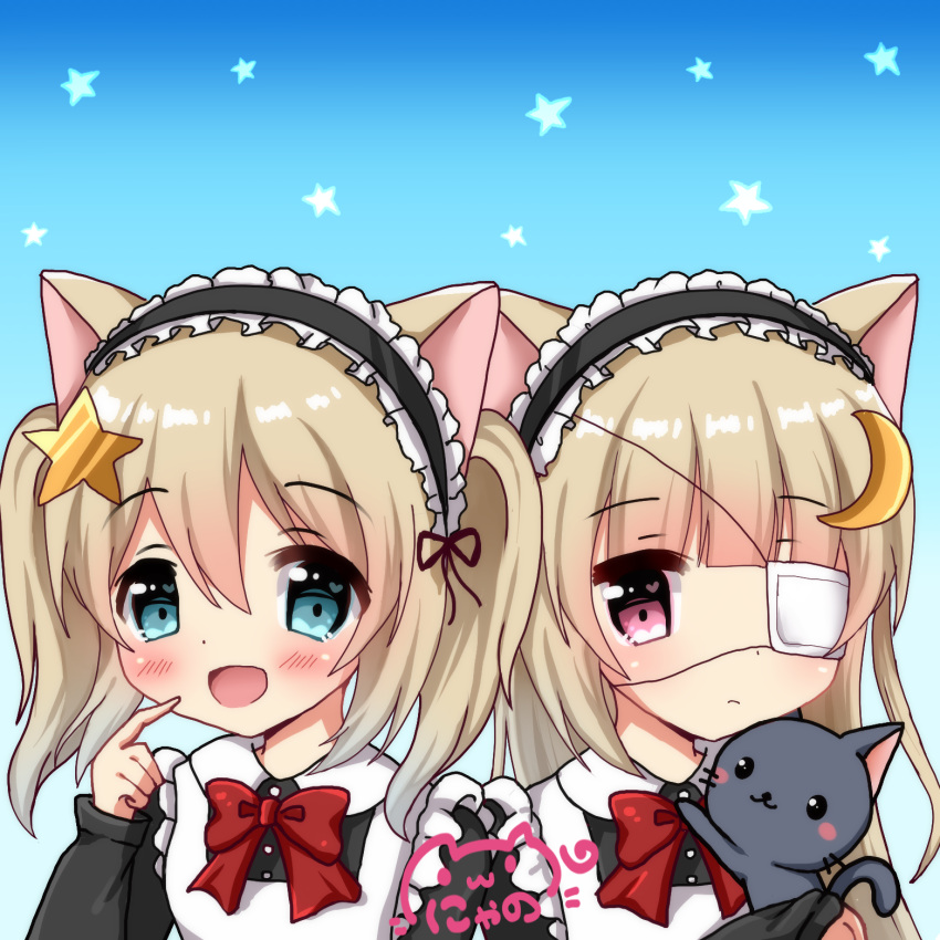 2girls :d animal animal_ears apron bangs black_cat black_dress black_hairband blonde_hair blue_background blue_eyes blush bow cat cat_ears closed_mouth collared_dress commentary_request crescent crescent_hair_ornament dress eyebrows_visible_through_hair eyepatch finger_to_mouth frilled_apron frilled_hairband frills hair_between_eyes hair_ornament hairband heart heart_in_eye highres long_hair long_sleeves maid maid_apron medical_eyepatch multiple_girls nyano21 open_mouth original red_bow red_eyes siblings sidelocks signature sisters smile star star_hair_ornament symbol_in_eye twins twintails very_long_hair white_apron