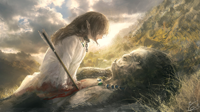 1girl arrow blood bloody_clothes bloody_hands chain choker clouds cloudy_sky commentary crying death dress elf fantasy grass hill injury jewelry long_hair necklace orc original pointy_ears sad signature sky smile sobbing sunlight white_dress you_(shimizu)
