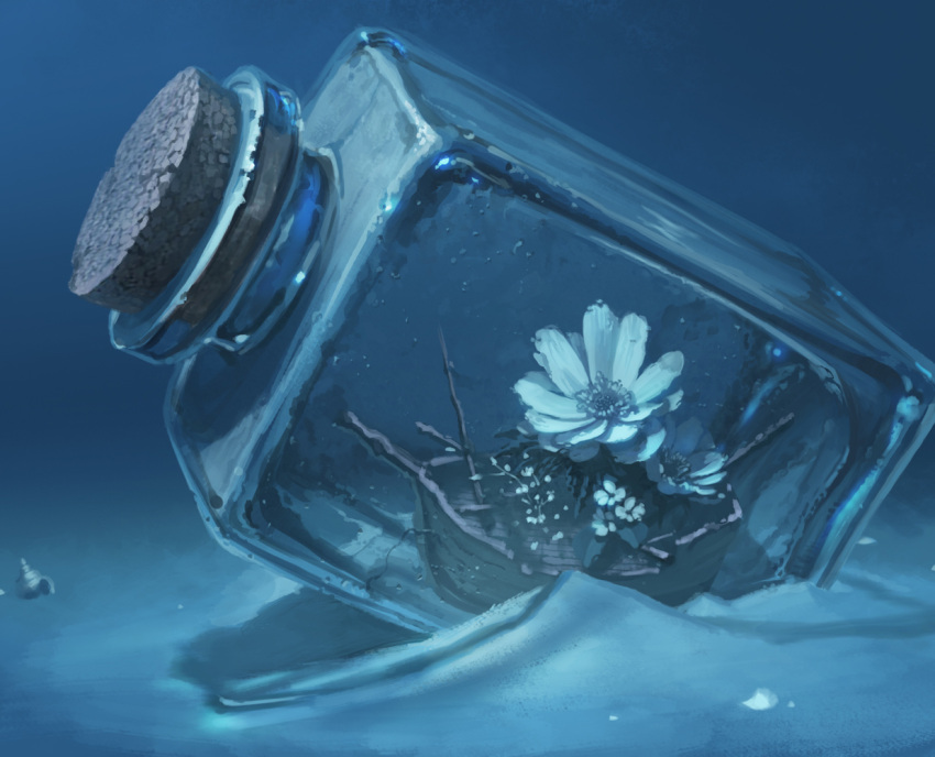 bottle cork flower no_humans original reishin_(tenpurasoba) sand seashell shell ship ship_in_a_bottle underwater water