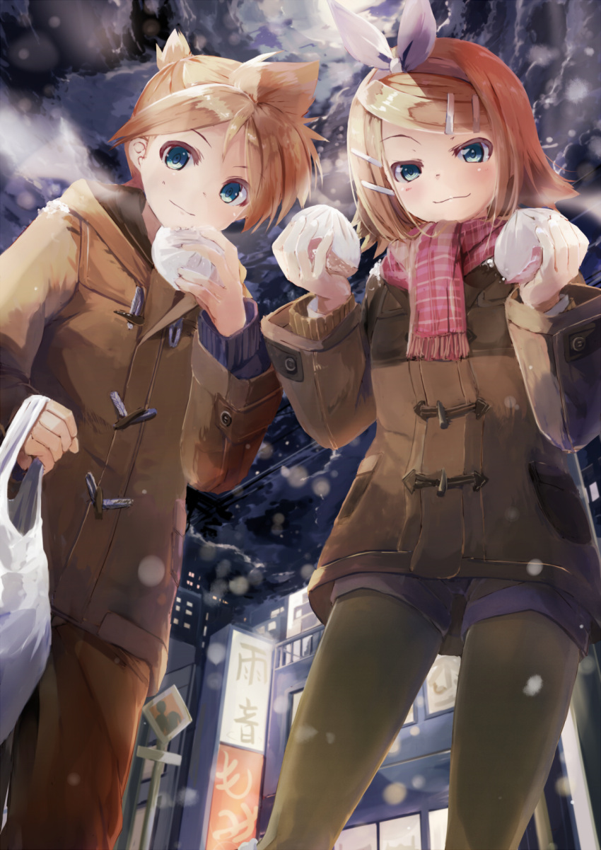1boy 1girl bag blonde_hair blue_eyes blush bow building city clouds cloudy_sky coat daidou_(demitasse) fisheye food from_below hair_bow hair_ornament hairclip highres holding kagamine_len kagamine_rin looking_at_viewer looking_down nikuman pantyhose plastic_bag scarf short_hair shorts siblings sign sky smile smirk snow snowing steam twins vocaloid winter winter_clothes