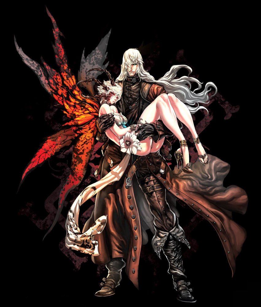 1boy 1girl bare_shoulders belt black_background blood blue_eyes butterfly_wings carrying flower gloves high_heels highres horns injury jeffr legs long_hair looking_at_viewer official_art princess_carry scar short_hair simple_background trench_coat wings xoac