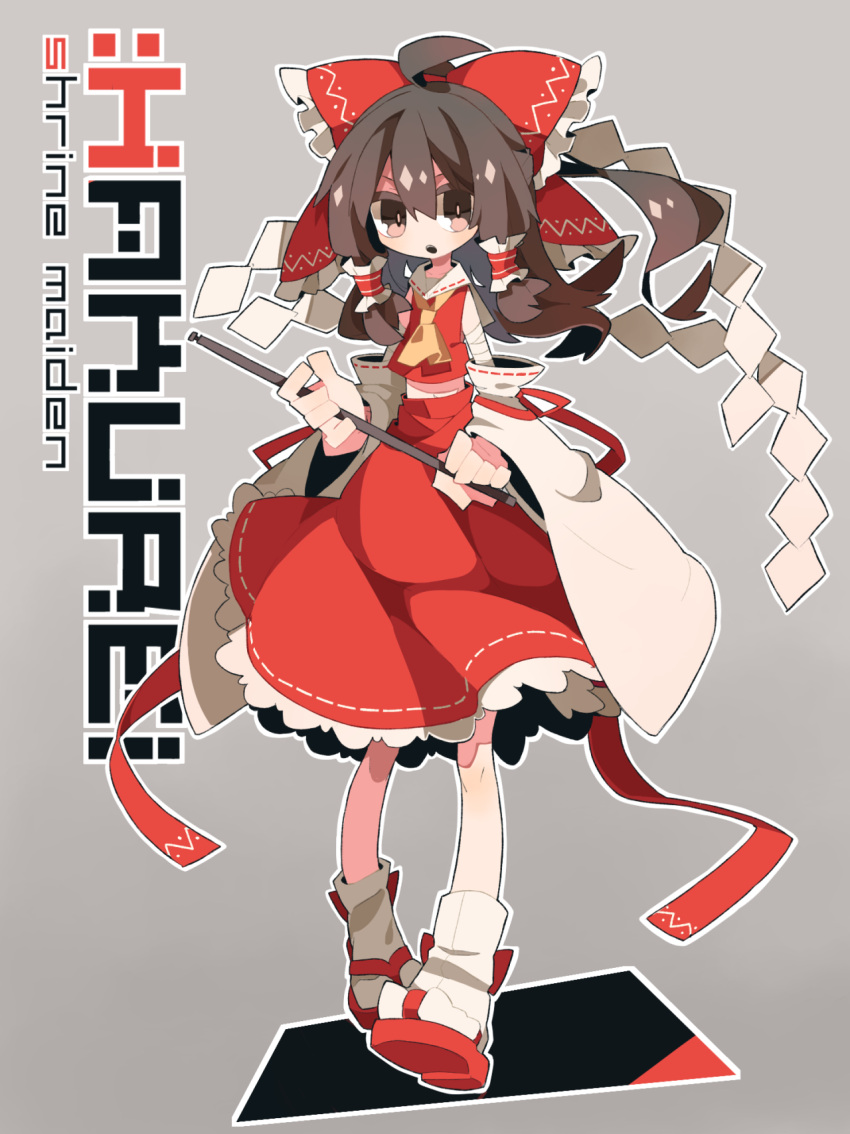 1girl ahoge ascot bow brown_eyes brown_hair detached_sleeves gohei grey_background hair_bow hair_tubes hakurei_reimu half_updo highres holding japanese_clothes long_hair looking_at_viewer midriff miko open_mouth ribbon ribbon_trim sam_58 shirt simple_background skirt skirt_set solo touhou wide_sleeves
