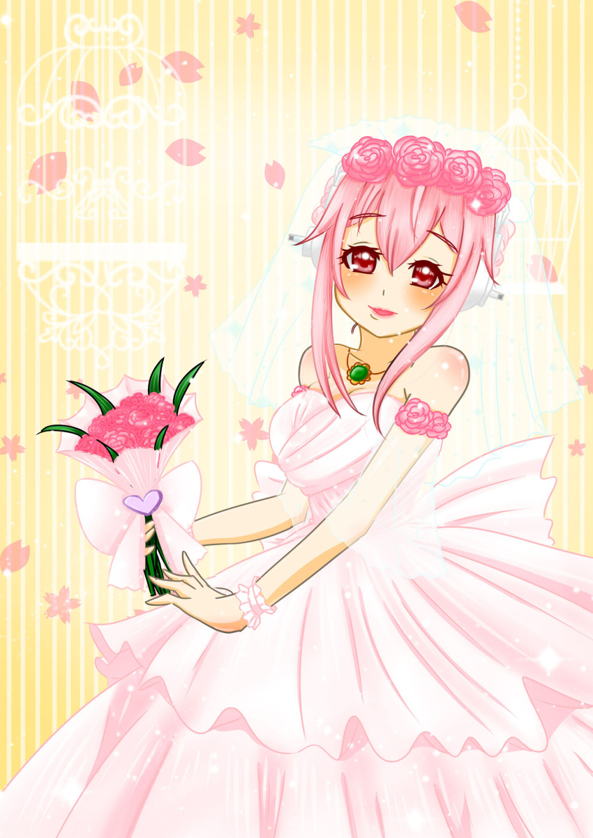 1girl blush bouquet breasts dress flower headphones highres large_breasts long_hair looking_at_viewer nitroplus open_mouth pink_hair red_eyes rose smile solo super_sonico veil wedding wedding_dress white_dress