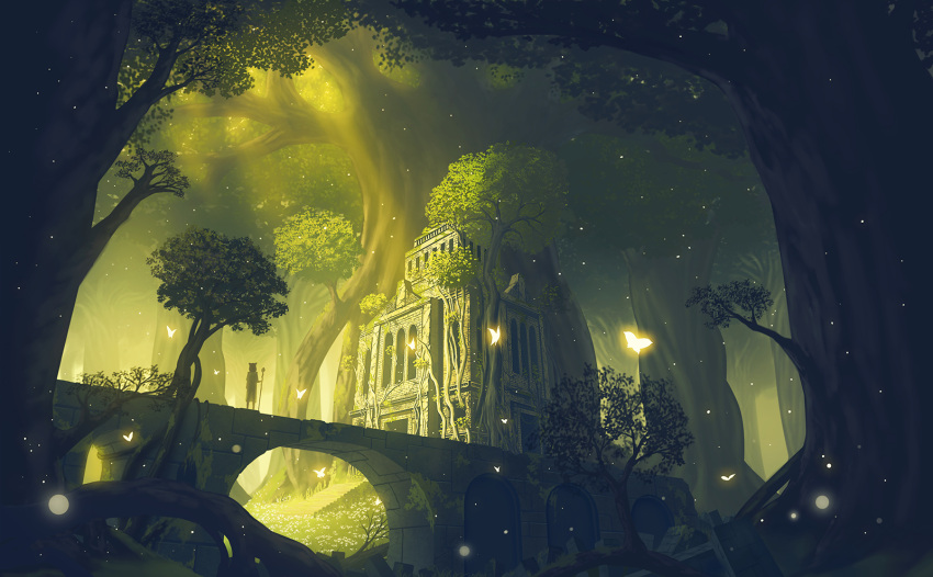 1girl animal_ears bridge building butterfly dress fantasy forest glowing glowing_butterfly highres light_particles nature nauimusuka original overgrown ruins scenery silhouette solo staff stairs sunlight tree