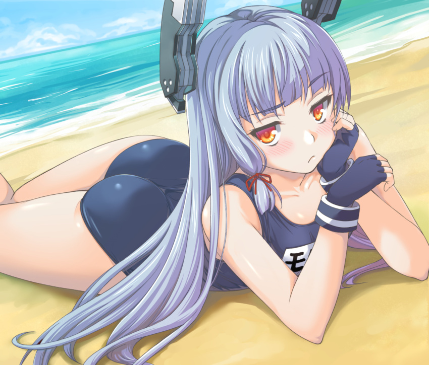 1girl arm_support ass bare_shoulders beach blue_hair fingerless_gloves gloves kantai_collection long_hair murakumo_(kantai_collection) pestxsan pout raised_eyebrow red_eyes school_swimsuit solo swimsuit thighs
