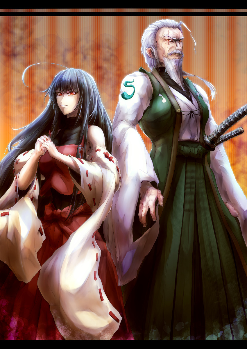 1boy 1girl ahoge aura backlighting beard black_hair breasts cracking_knuckles detached_sleeves ears facial_hair floral_background frown grey_hair grin hakama highres japanese_clothes katana kg_cliff_edge konpaku_youki large_breasts leotard letterboxed long_beard long_hair looking_at_viewer manly multiple_swords mustache nontraditional_miko nose open_hand pov red_eyes ribbon-trimmed_sleeves ribbon_trim scar sendai_hakurei_no_miko serious sheath sheathed smile sword tagme toned touhou very_long_hair very_long_sleeves weapon wide_sleeves