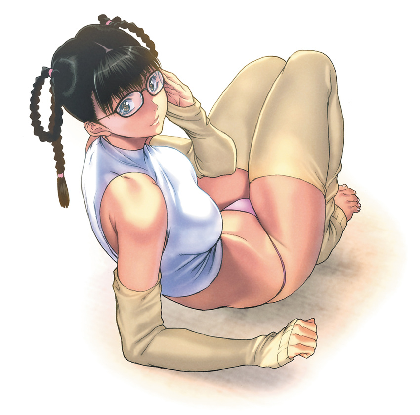 1girl bare_shoulders barefoot bespectacled black_hair braid dead_or_alive detached_pants detached_sleeves glasses homare_(fool's_art) lei_fang looking_back panties pink_panties simple_background sitting solo twin_braids underwear white_background