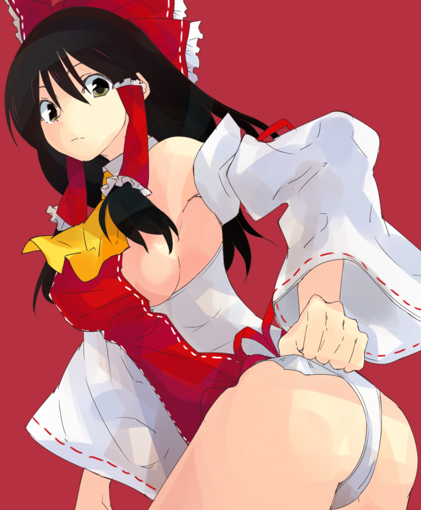 1girl adapted_costume ascot ass bow breasts brown_hair detached_sleeves hair_bow hair_tubes hakurei_reimu highres leotard long_hair ribbon solo tamago_soup touhou wrestling_outfit