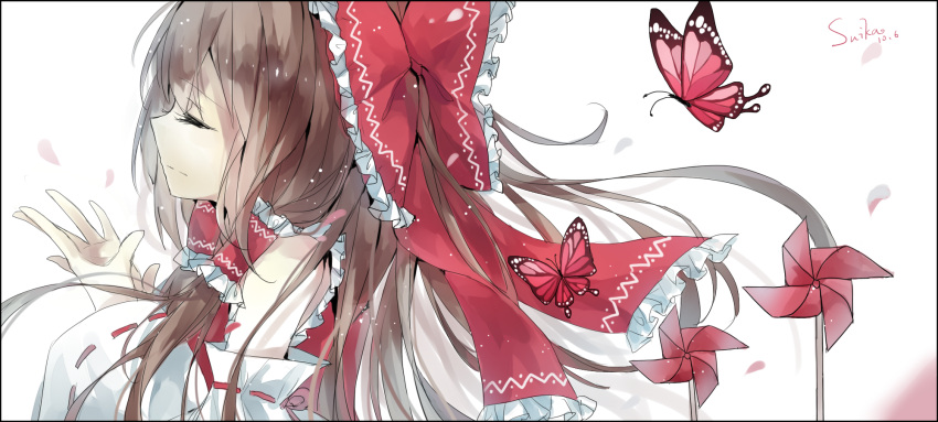 1girl artist_name blurry bow brown_hair bust butterfly closed_eyes cui_(jidanhaidaitang) dated depth_of_field detached_sleeves frame frilled_bow frills hair_bow hair_tubes hakurei_reimu hands_up highres long_hair petals profile ribbon-trimmed_sleeves ribbon_trim serious simple_background sketch sleeveless solo tagme touhou white_background
