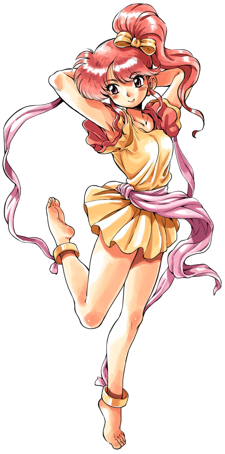 1girl anklet arms_behind_head barefoot bow dancer dress feena_(fire_emblem) feet fire_emblem fire_emblem:_mystery_of_the_emblem hair_bow hair_ribbon highres jewelry leg_up long_hair oyatsu_(mk2) pink_eyes ponytail redhead ribbon side_ponytail simple_background smile soles solo toes white_background