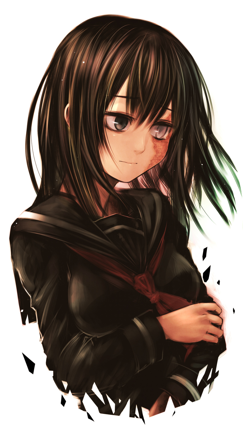 1girl absurdres black_eyes black_hair breasts bust highres karahara_shima kotoba_noriaki long_hair original scar school_uniform serafuku solo white_eyes