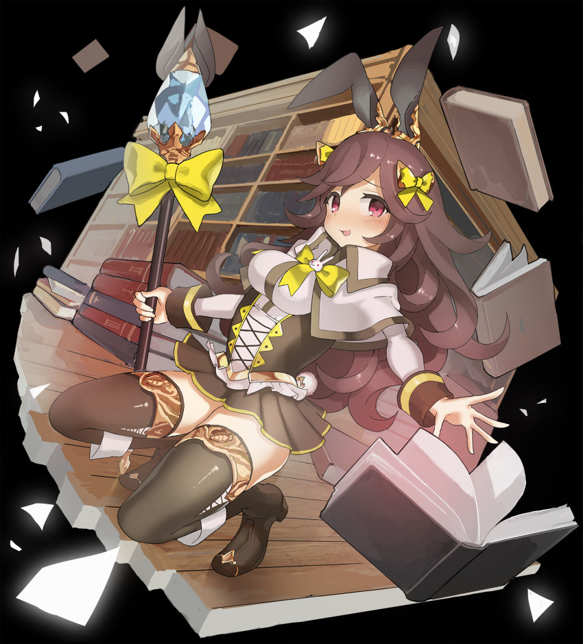 1girl :d animal_ears bangs black_background blush book book_stack bookshelf bow bowtie brown_hair brown_legwear bunny_tail capelet ccaw corset dutch_angle flipped_hair full_body hair_bow highres large_bow long_hair long_sleeves looking_at_viewer merc_storia miniskirt open_book open_mouth original pigeon-toed pink_eyes pleated_skirt rabbit_ears shiny shiny_clothes shiny_hair shoes skirt smile solo squatting staff swept_bangs tagme tail tareme thigh-highs wavy_hair yellow_bow zettai_ryouiki