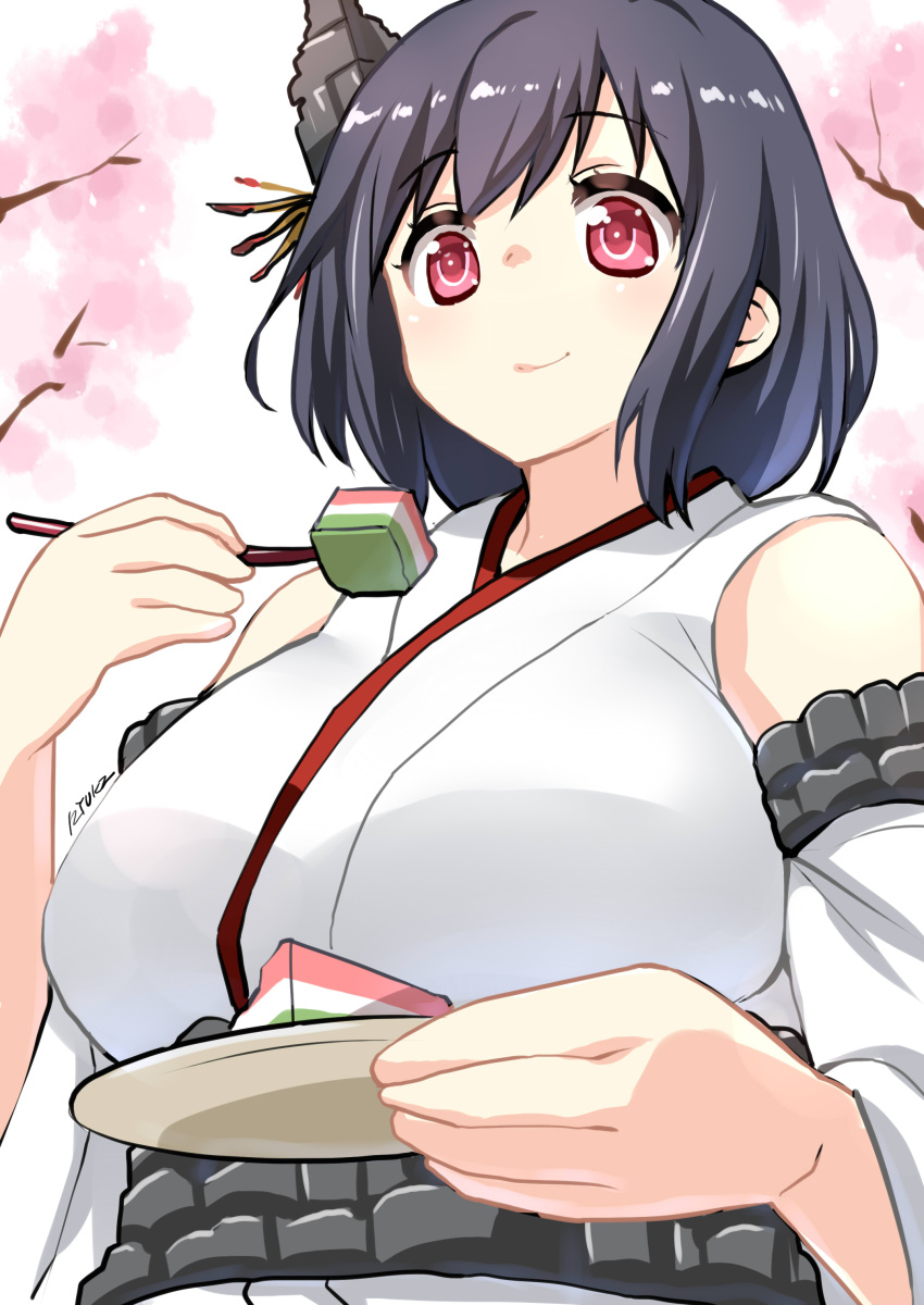 1girl absurdres bare_shoulders black_hair breasts bust cherry_blossoms detached_sleeves from_below hair_ornament highres hishimochi kantai_collection large_breasts pink_eyes ryuki_(ryukisukune) short_hair smile solo yamashiro_(kantai_collection)