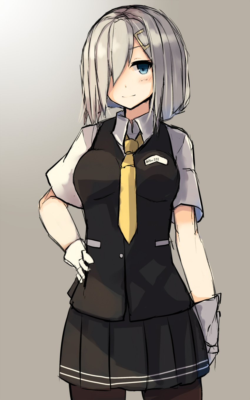 1girl absurdres bangs black_legwear blouse blue_eyes breasts collared_shirt gloves hair_ornament hair_over_one_eye hairclip hamakaze_(kantai_collection) highres kantai_collection necktie nowaki_(kantai_collection) nowaki_(kantai_collection)_(cosplay) pantyhose plan_(planhaplalan) pleated_skirt school_uniform short_hair silver_hair skirt smile solo swept_bangs vest white_gloves