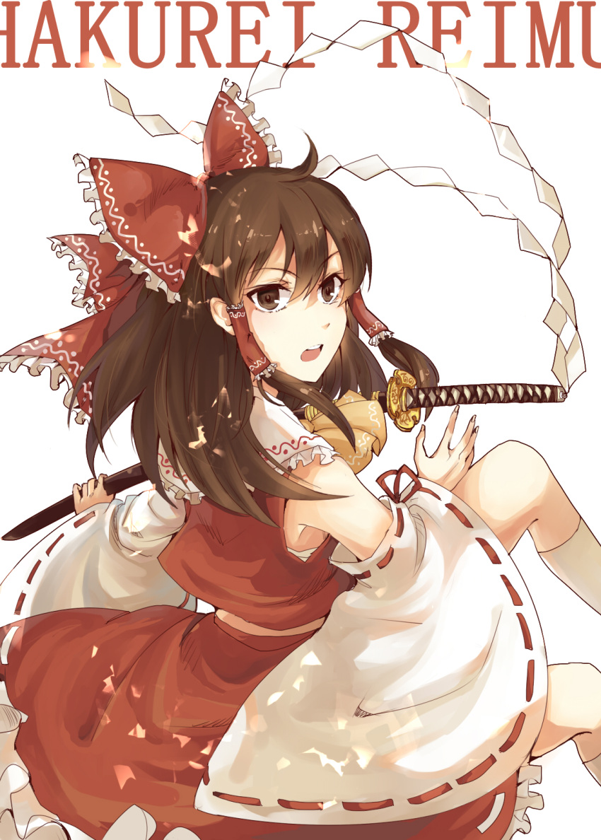 1girl aili_(aliceandoz) ascot bow brown_eyes brown_hair character_name detached_sleeves frilled_bow frilled_skirt frills hair_bow hakurei_reimu highres katana long_hair looking_to_the_side midriff red_skirt ribbon-trimmed_skirt ribbon-trimmed_sleeves ribbon_trim sarashi simple_background skirt sleeveless socks solo sword touhou weapon white_background