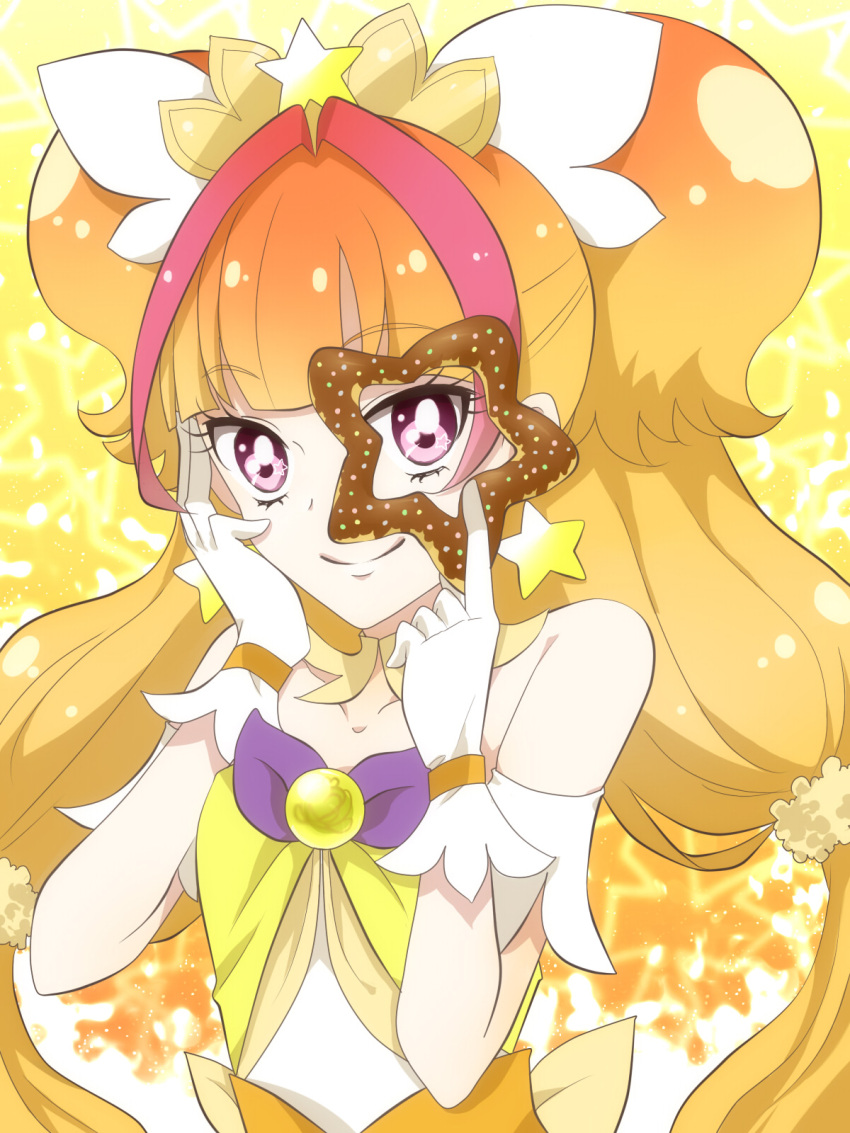 1girl amanogawa_kirara bare_shoulders blonde_hair choker cure_twinkle doughnut earrings gloves go!_princess_precure highres jewelry long_hair looking_at_viewer magical_girl multicolored_hair precure redhead smile solo star star_earrings two-tone_hair violet_eyes white_gloves yellow_background