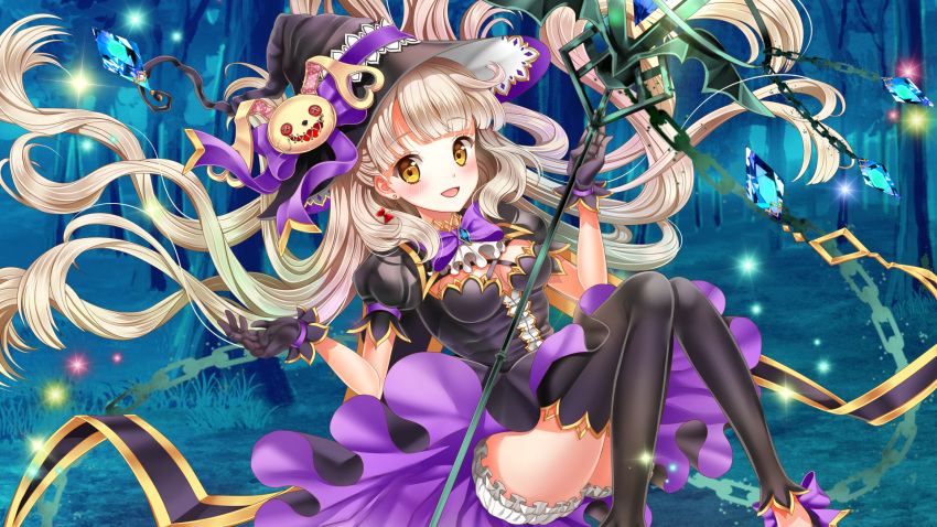 1girl black_dress black_legwear blonde_hair chain dress forest gloves hat highres jewelry long_hair looking_at_viewer mayu_(vocaloid) moyon nature night open_mouth solo sparkle thigh-highs upskirt very_long_hair vocaloid wand witch_hat yellow_eyes