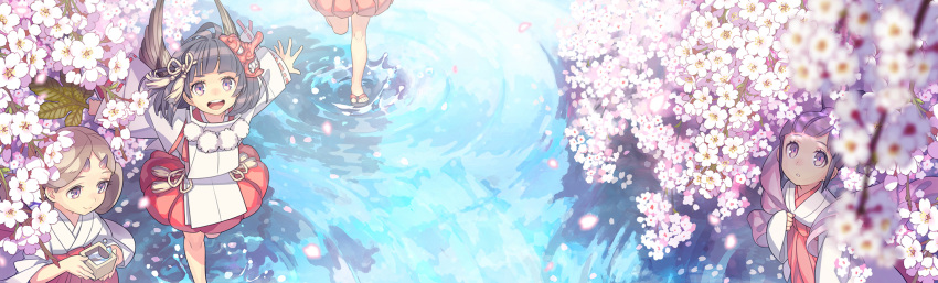 4girls black_hair box brown_eyes brown_hair cherry_blossoms hakama highres horns japanese_clothes mask multiple_girls original outstretched_arms pota_(bluegutty) purple_hair smile spread_arms tengu_mask violet_eyes water wings