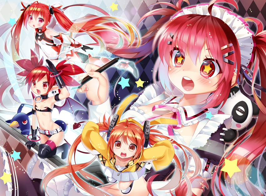 4girls :d aihara_enju bat_wings black_bullet bodysuit crossover disgaea etna hair_ornament hairclip hooded_jacket long_hair maid maid_headdress multiple_girls mvv navel open_mouth ore_twintail_ni_narimasu original pleated_skirt prinny red_eyes redhead skirt smile stuffed_animal stuffed_panda stuffed_toy tailred trait_connection twintails wings