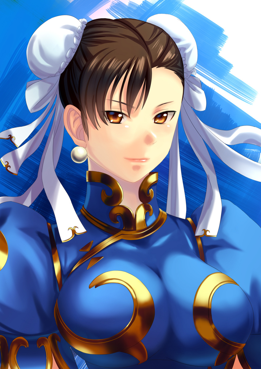 1girl black_hair breasts brown_eyes bun_cover bust china_dress chinese_clothes chun-li double_bun earrings edexigerero highres jewelry large_breasts short_hair smile solo street_fighter