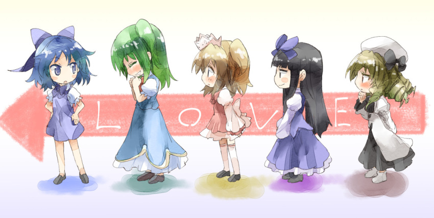 5girls ^_^ ascot bangs beret black_dress blonde_hair blue_dress blue_eyes blue_hair blunt_bangs blush_stickers bow chibi cirno closed_eyes daiyousei dress drill_hair drooling green_hair grey_eyes hair_bow hands_on_hips hat loafers long_hair luna_child multiple_girls open_mouth red_dress shoes short_hair side_ponytail skirt skirt_set smile smirk star_sapphire sunny_milk touhou two_side_up yohane