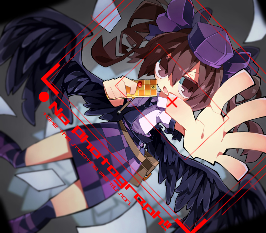 1girl bird_wings black_wings bow brown_eyes brown_hair cellphone checkered checkered_skirt dutch_angle hair_bow hat himekaidou_hatate long_hair open_mouth outstretched_arm phone reaching reaching_out sam_58 skirt smile solo_focus tokin_hat touhou twintails wings