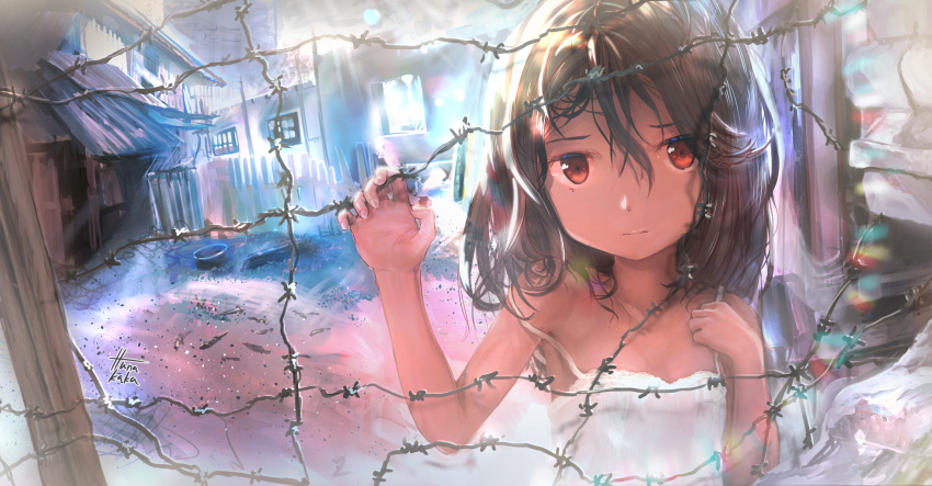 1girl artist_name barbed_wire brown_hair building child dark_skin hair_between_eyes highres hunakaka_(you2662eternity) long_hair looking_at_viewer original red_eyes solo strap_slip