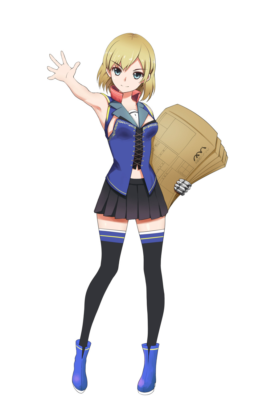 1girl absurdres blonde_hair blue_eyes cross-laced_clothes envelope highres holding miyamori_aoi outstretched_arm pleated_skirt shirobako short_hair skirt smile solo thec thigh-highs white_background zettai_ryouiki