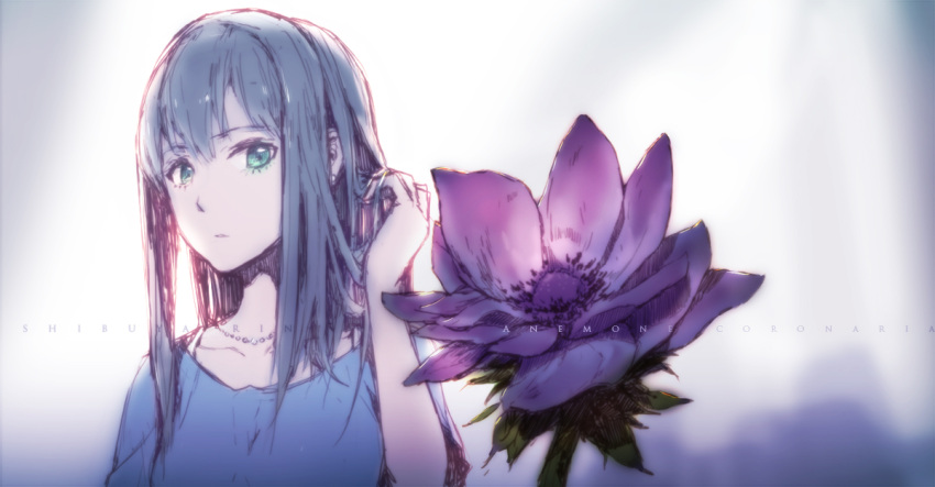 1girl flower green_eyes idolmaster idolmaster_cinderella_girls jewelry long_hair looking_at_viewer lowlight_kirilenko necklace shibuya_rin solo